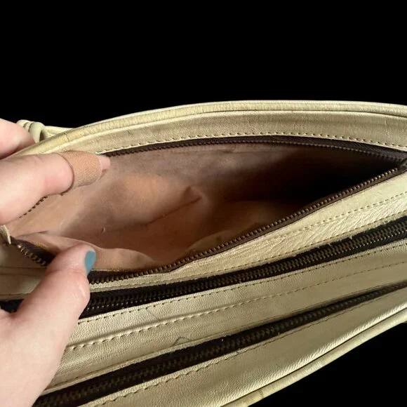 Vintage Leather Tooled Handbag Purse Ivory Western Ideal Zipper Cream - Picture 10 of 13